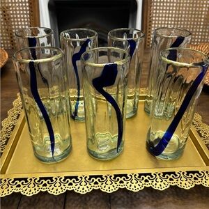 Set of Seven Libbey  blue ribbon blown glasses